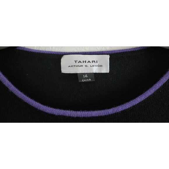 TOP/BLOUSE-TAHARI-Knit-Black-Purple Trim-Short Length-Short Sleeve-Size S/M - Picture 3 of 11